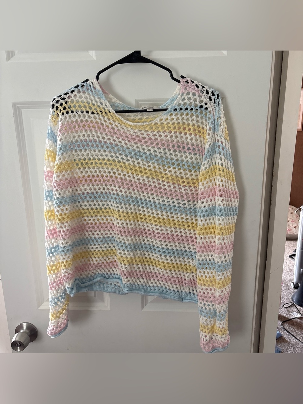 Francesca's Collections Pastel Striped Open-Knit Crew Sweater
